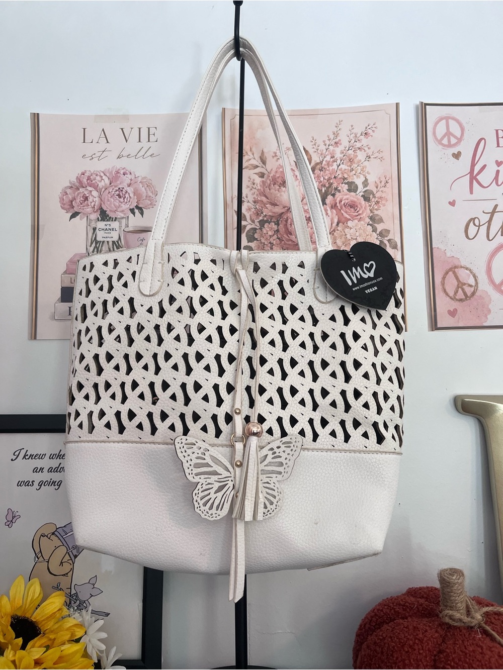 White Laser Cut Butterfly 2-in-1 Tote Bag